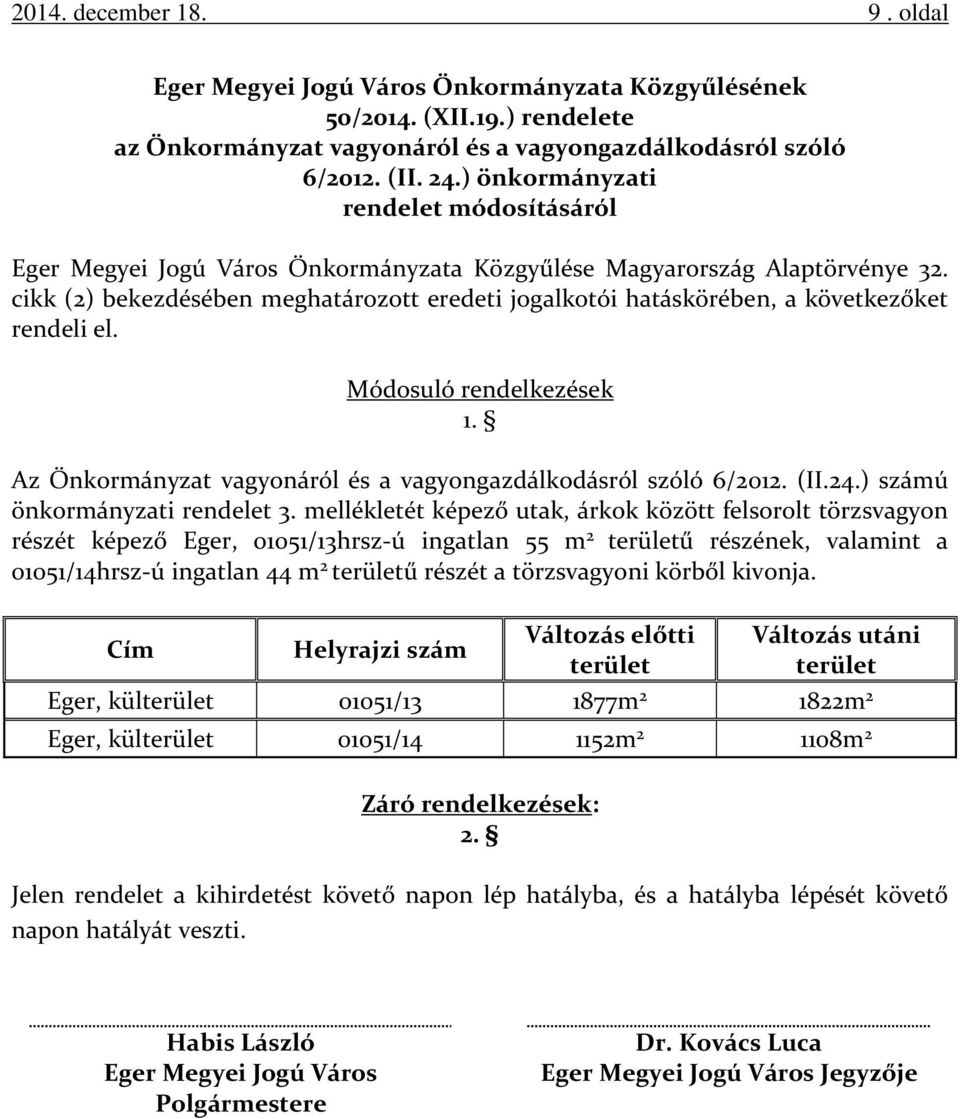 cikk (2) bekezdésében meghatározott eredeti jogalkotói hatáskörében, a következőket rendeli el. Módosuló rendelkezések 1. Az Önkormányzat vagyonáról és a vagyongazdálkodásról szóló 6/2012. (II.24.
