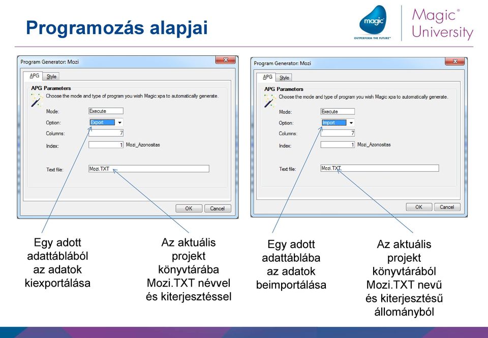 TXT névvel és kiterjesztéssel Egy adott adattáblába az adatok