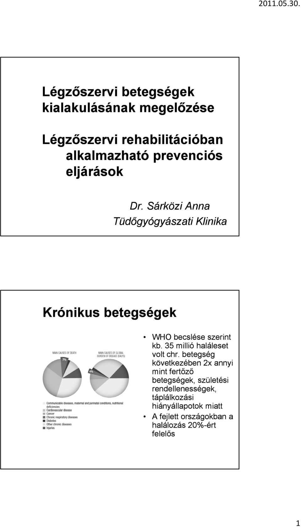 Sárközi Anna Tüdőgyógyászati Klinika Krónikus betegségek WHO becslése szerint kb.