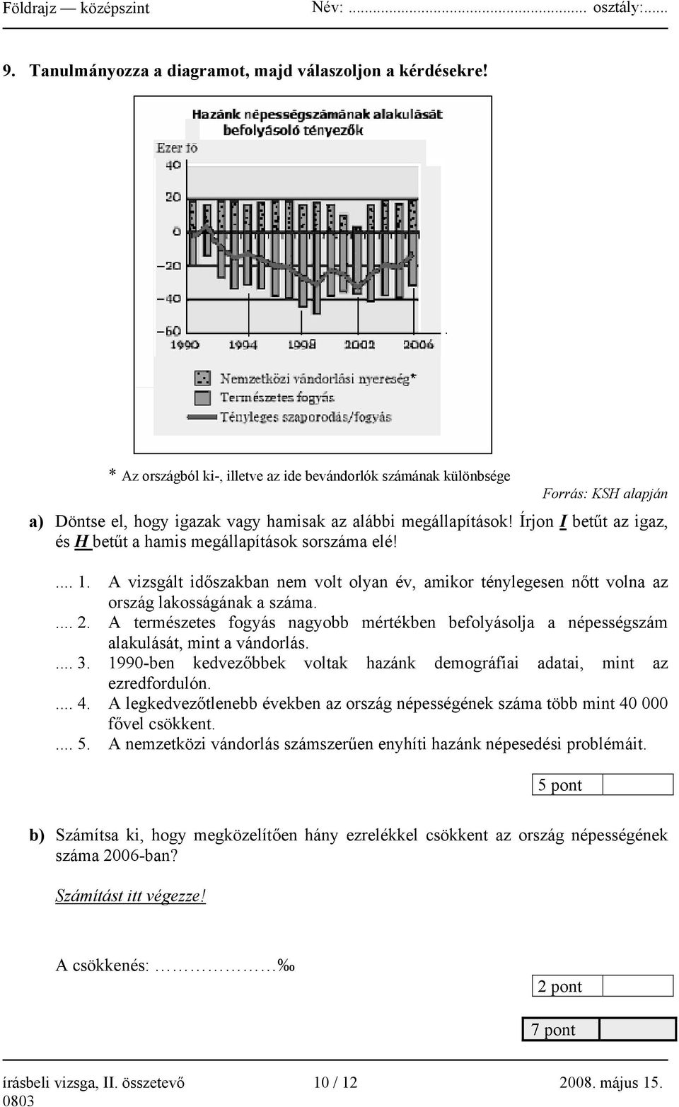 Írjon I betűt az igaz, és H betűt a hamis megállapítások sorszáma elé!... 1. A vizsgált időszakban nem volt olyan év, amikor ténylegesen nőtt volna az ország lakosságának a száma.... 2.