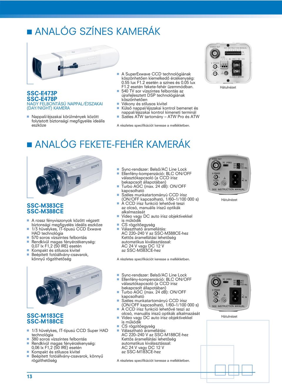 540 TV sor vízszintes felbontás az újrafejlesztett DSP technológiának köszönhetôen Vékony és stílusos kivitel Külsô nappal/éjszakai kontrol bemenet és nappal/éjszakai kontrol kimeneti terminál Széles