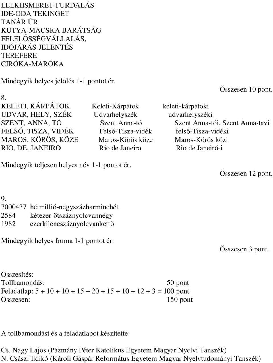 felső-tisza-vidéki MAROS, KÖRÖS, KÖZE Maros-Körös köze Maros-Körös közi RIO, DE, JANEIRO Rio de Janeiro Rio de Janeiró-i Mindegyik teljesen helyes név 1-1 pontot ér. Összesen 12 pont. 9.