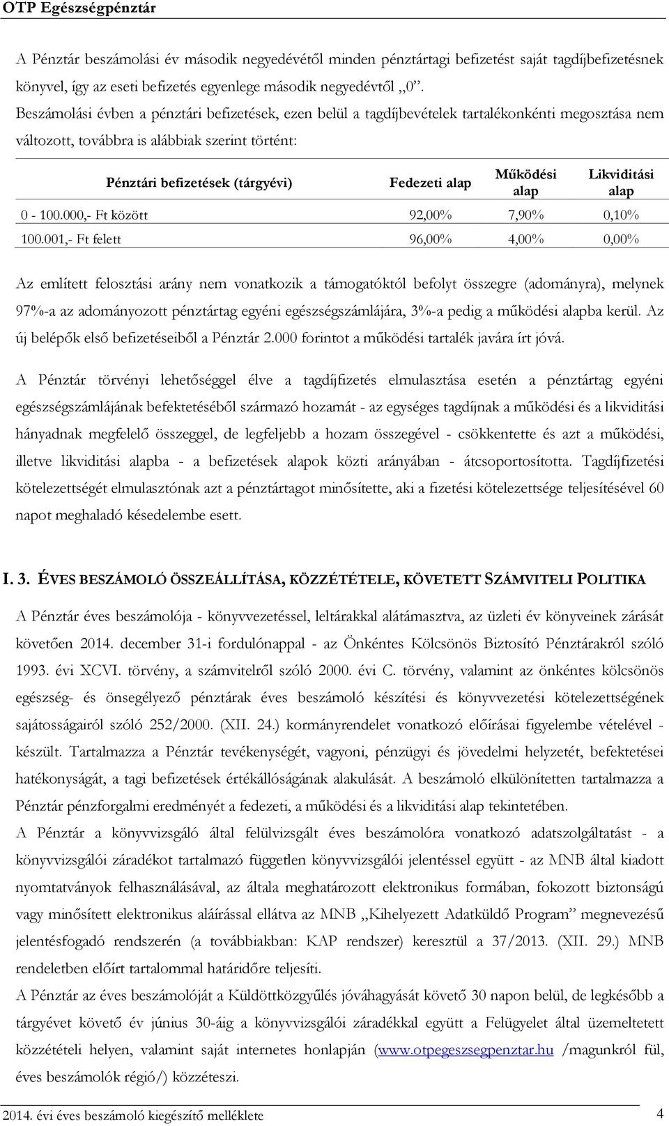 Működési alap Likviditási alap 0-100.000,- Ft között 92,00% 7,90% 0,10% 100.