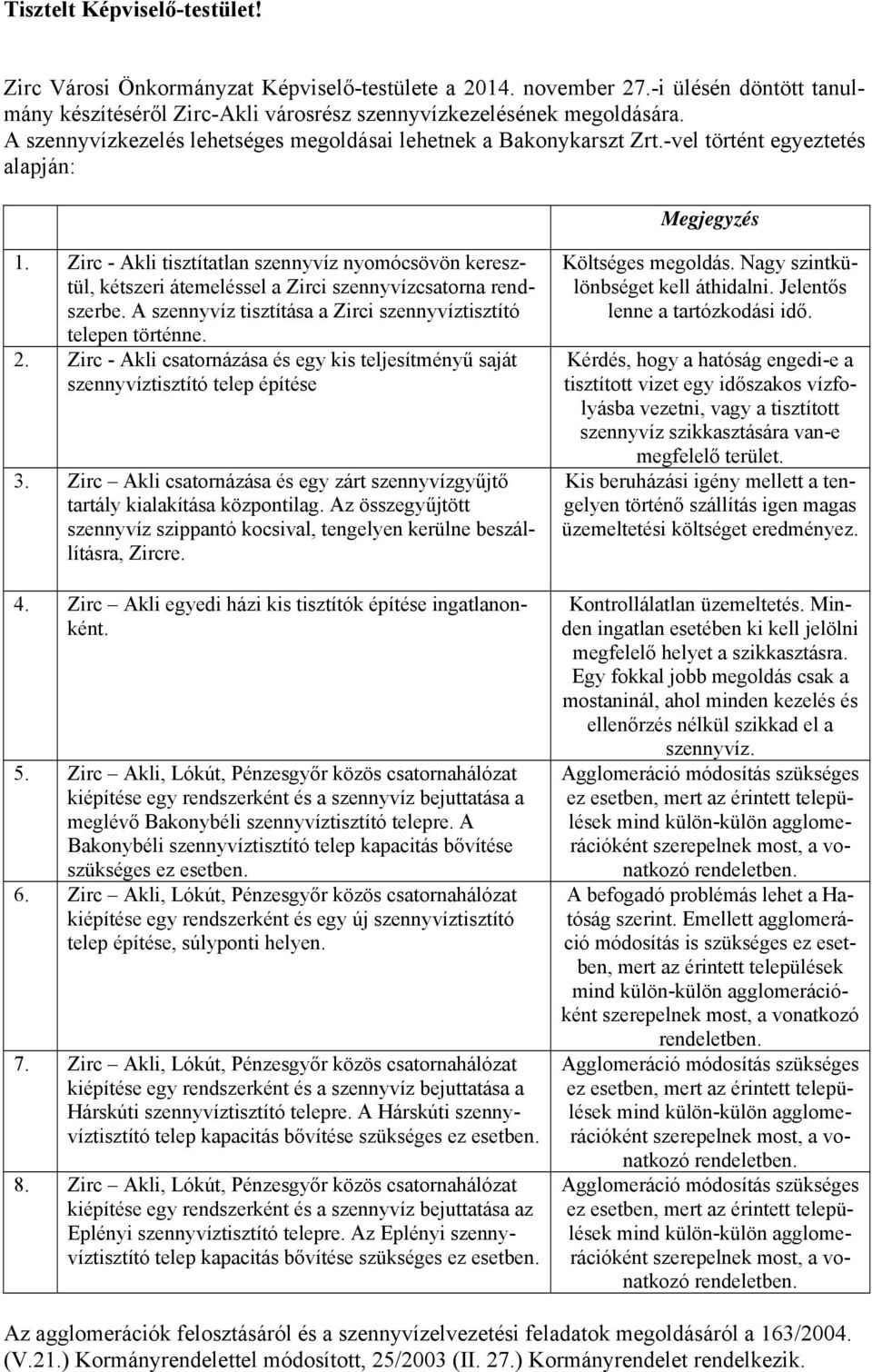 Zirc - Akli tisztítatlan szennyvíz nyomócsövön keresztül, kétszeri átemeléssel a Zirci szennyvízcsatorna rendszerbe. A szennyvíz tisztítása a Zirci szennyvíztisztító telepen történne. 2.