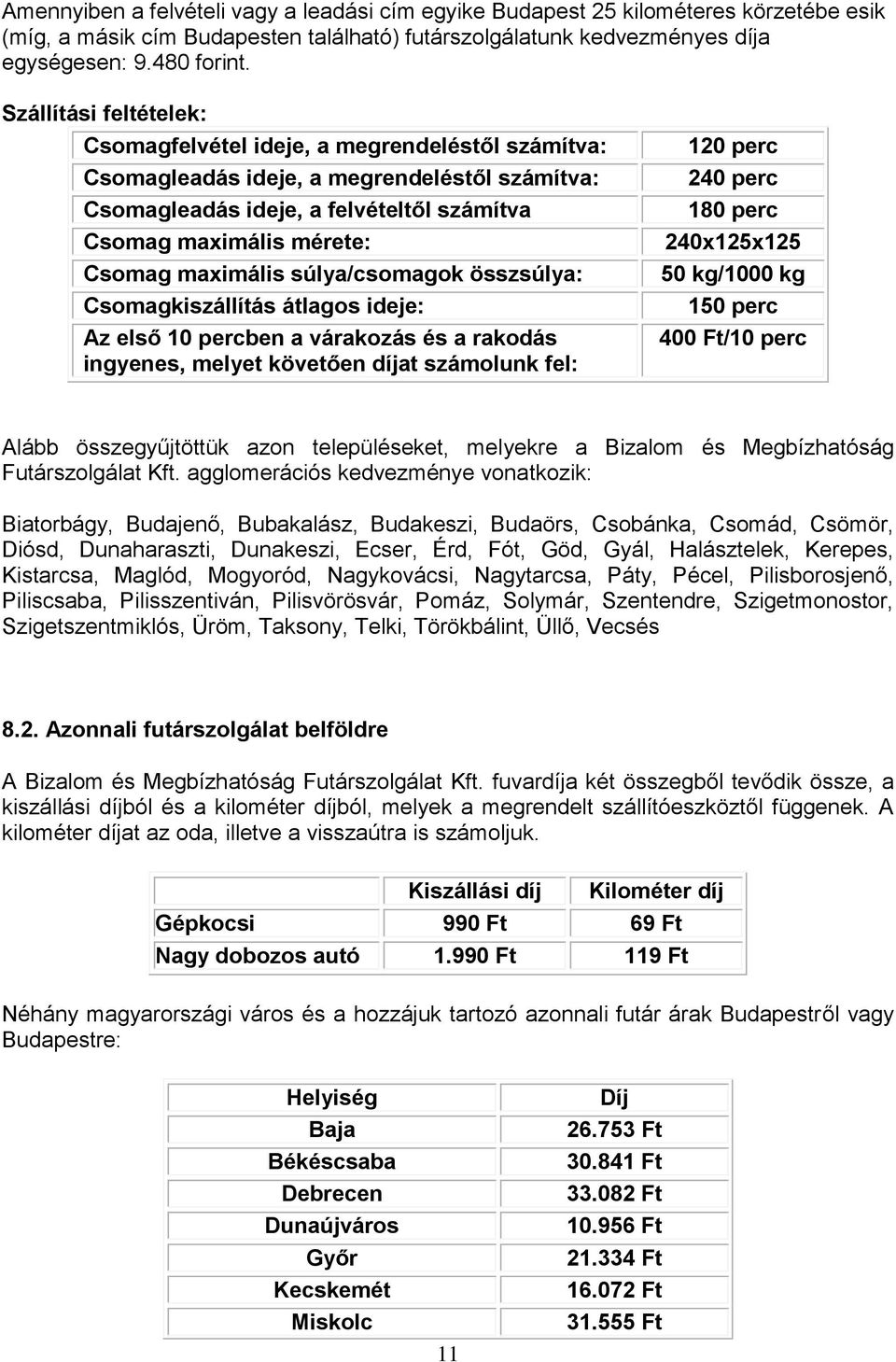 maximális súlya/csomagok összsúlya: Csomagkiszállítás átlagos ideje: Az első 10 percben a várakozás és a rakodás ingyenes, melyet követően díjat számolunk fel: 120 perc 240 perc 180 perc 240x125x125