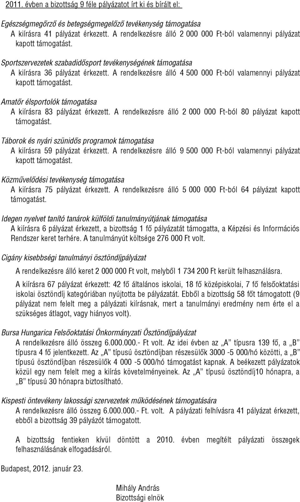 A rendelkezésre álló 4 500 000 Ft-ból valamennyi pályázat Amatőr élsportolók támogatása A kiírásra 83 pályázat érkezett. A rendelkezésre álló 2 000 000 Ft-ból 80 pályázat kapott támogatást.