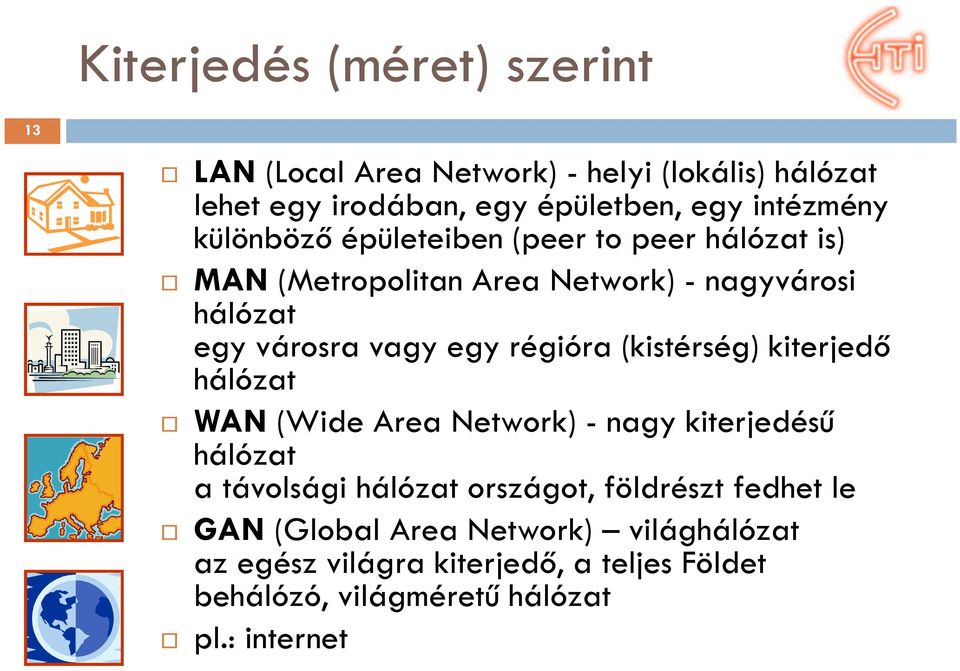 egy régióra (kistérség) kiterjedő hálózat WAN(Wide AreaNetwork) -nagy kiterjedésű hálózat a távolsági hálózat országot,
