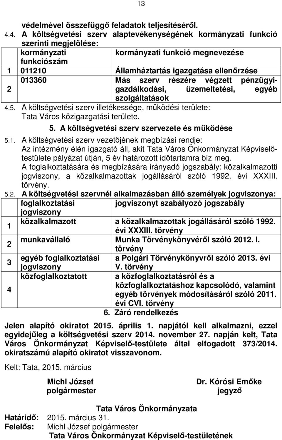 szerv részére végzett pénzügyigazdálkodási, 2 üzemeltetési, egyéb szolgáltatások 4.5. A költségvetési szerv illetékessége, működési területe: Tata Város közigazgatási területe. 5.