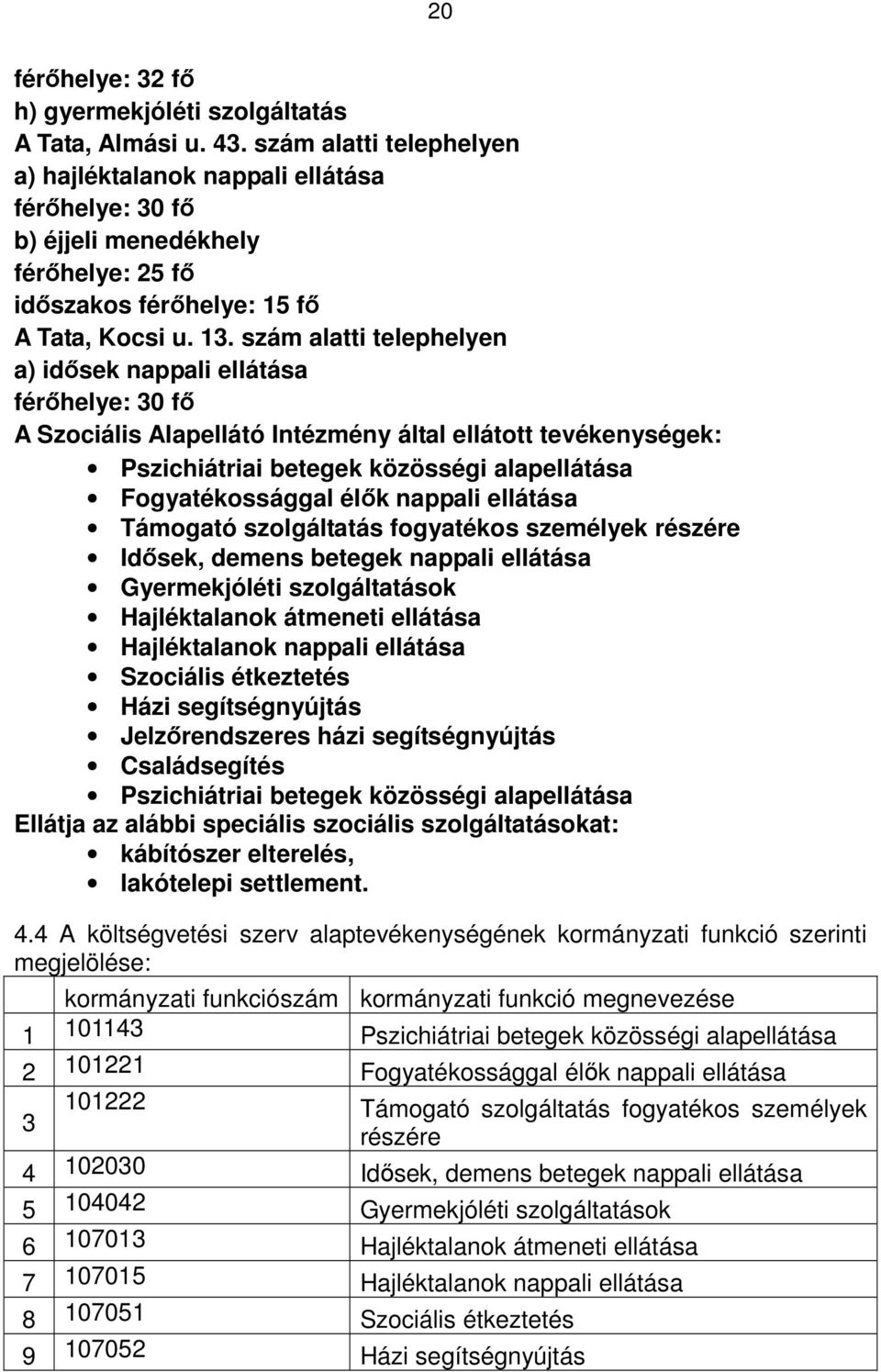 fő b) éjjeli menedékhely férőhelye: 25 fő időszakos férőhelye: 5 fő A Tata, Kocsi u. 3.