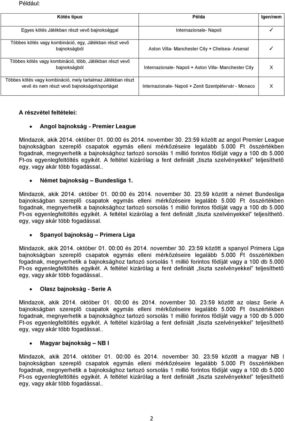 Játékban részt vevő és nem részt vevő bajnokságot/sportágat Internazionale- Napoli + Zenit Szentpétervár - Monaco X A részvétel feltételei: Angol bajnokság - Premier League Mindazok, akik 2014.