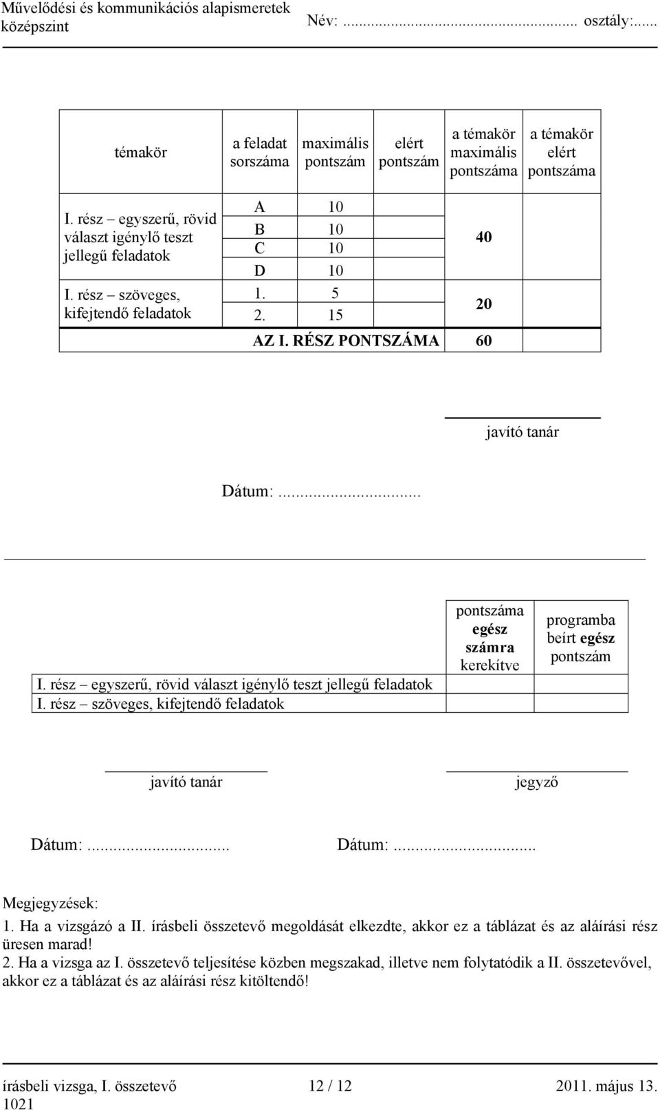 rész szöveges, kifejtendő feladatok pontszáma egész számra kerekítve programba beírt egész pontszám javító tanár jegyző Dátum:... Dátum:... Megjegyzések: 1. Ha a vizsgázó a II.