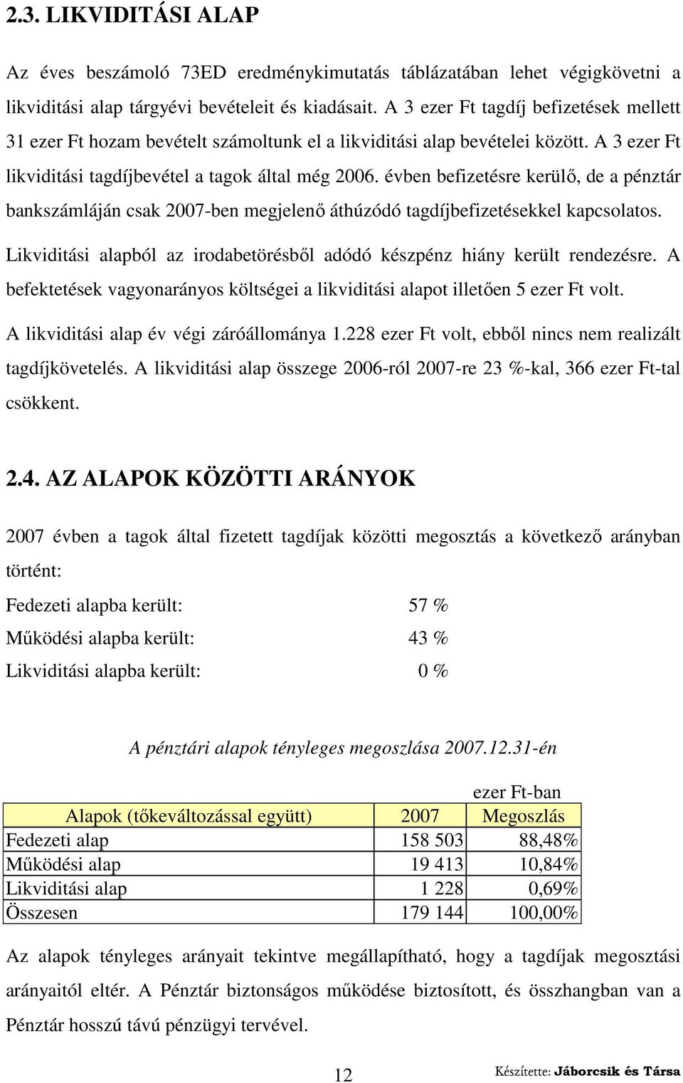 évben befizetésre kerülı, de a pénztár bankszámláján csak 2007-ben megjelenı áthúzódó tagdíjbefizetésekkel kapcsolatos. Likviditási alapból az irodabetörésbıl adódó készpénz hiány került rendezésre.