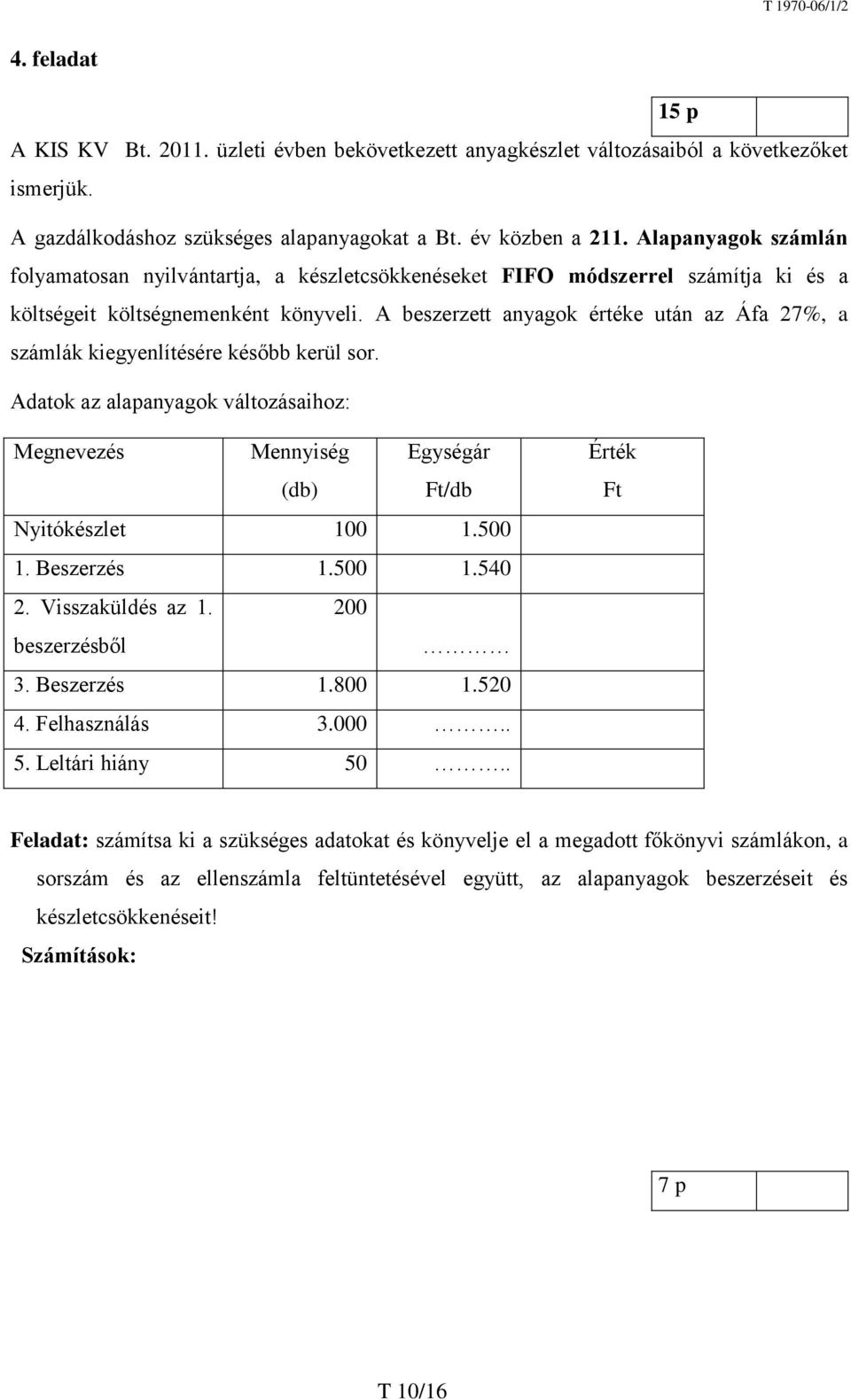 A beszerzett anyagok értéke után az Áfa 27%, a számlák kiegyenlítésére később kerül sor. Adatok az alapanyagok változásaihoz: Megnevezés Mennyiség (db) Egységár Ft/db Nyitókészlet 100 1.500 1.