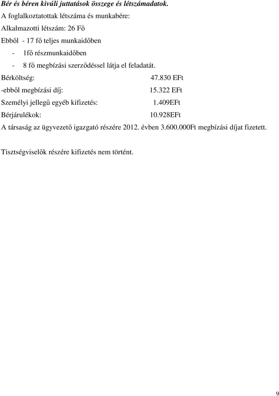 részmunkaidıben - 8 fı megbízási szerzıdéssel látja el feladatát. Bérköltség: 47.830 EFt -ebbıl megbízási díj: 15.