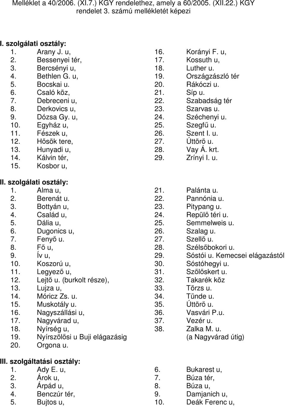 Alma u, 2. Berenát u. 3. Bottyán u, 4. Család u, 5. Dália u, 6. Dugonics u, 7. Fenyő u. 8. Fő u, 9. Ív u, 10. Koszorú u, 11. Legyező u, 12. Lejtő u. (burkolt része), 13. Lujza u, 14. Móricz Zs. u. 15.
