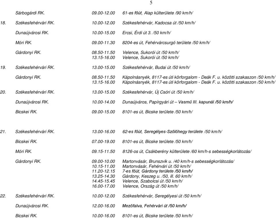 13.00-15.00 Székesfehérvár, Budai út /50 km/h/ Gárdonyi RK. 08.50-11.50 Kápolnásnyék, 8117-es úti körforgalom - Deák F. u. közötti szakaszon /50 km/h/ 13.15-16.