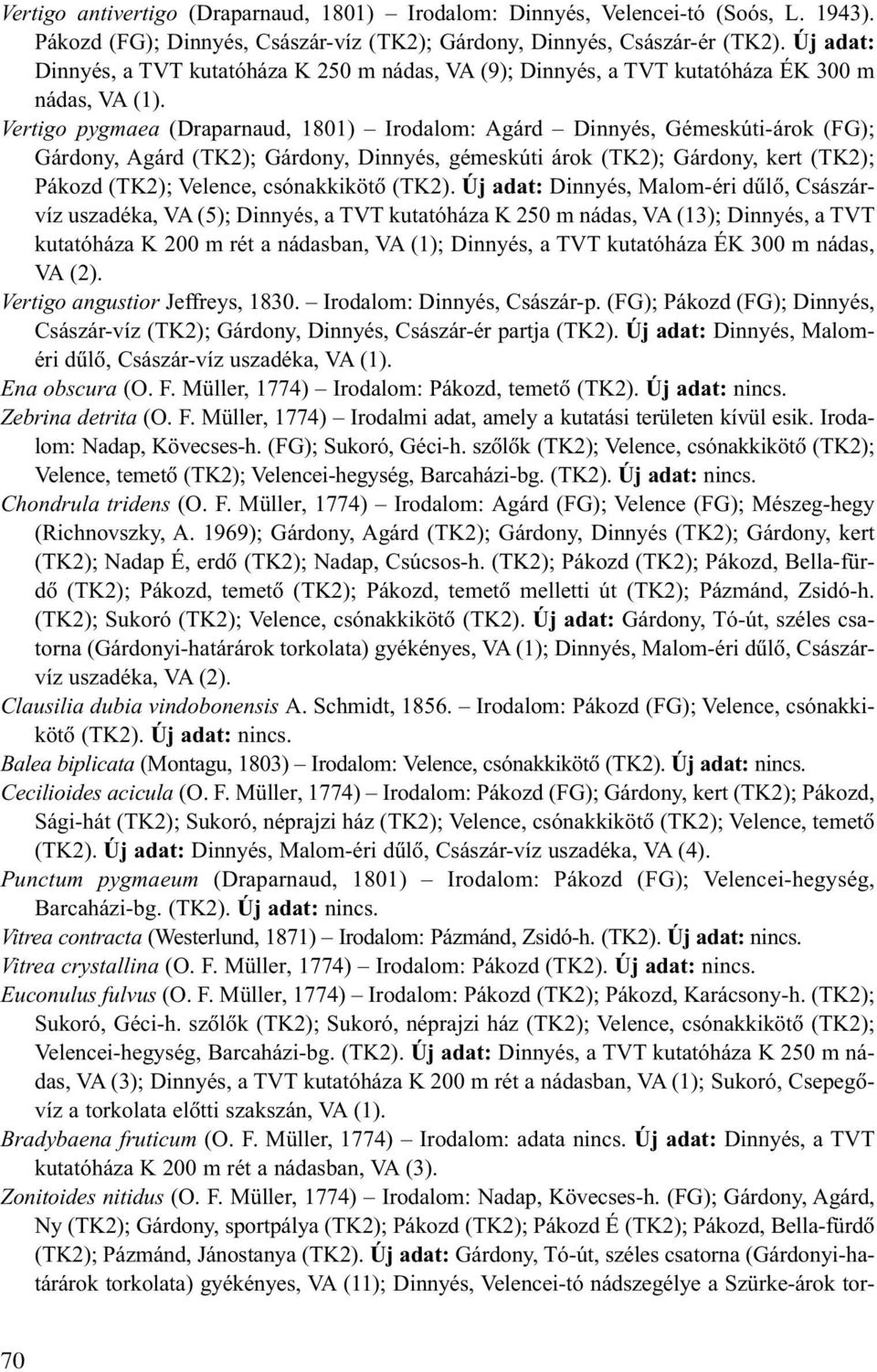 Vertigo pygmaea (Draparnaud, 1801) Irodalom: Agárd Dinnyés, Gémeskúti-árok (FG); Gárdony, Agárd (TK2); Gárdony, Dinnyés, gémeskúti árok (TK2); Gárdony, kert (TK2); Pákozd (TK2); Velence, csónakkikötõ
