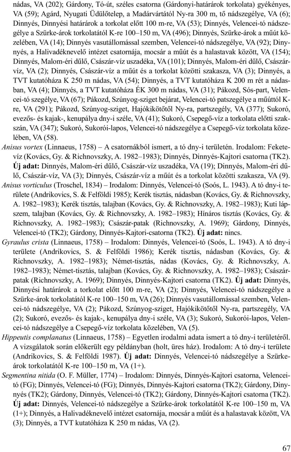 vasutállomással szemben, Velencei-tó nádszegélye, VA (92); Dinynyés, a Halivadéknevelõ intézet csatornája, mocsár a mûút és a halastavak között, VA (154); Dinnyés, Malom-éri dûlõ, Császár-víz