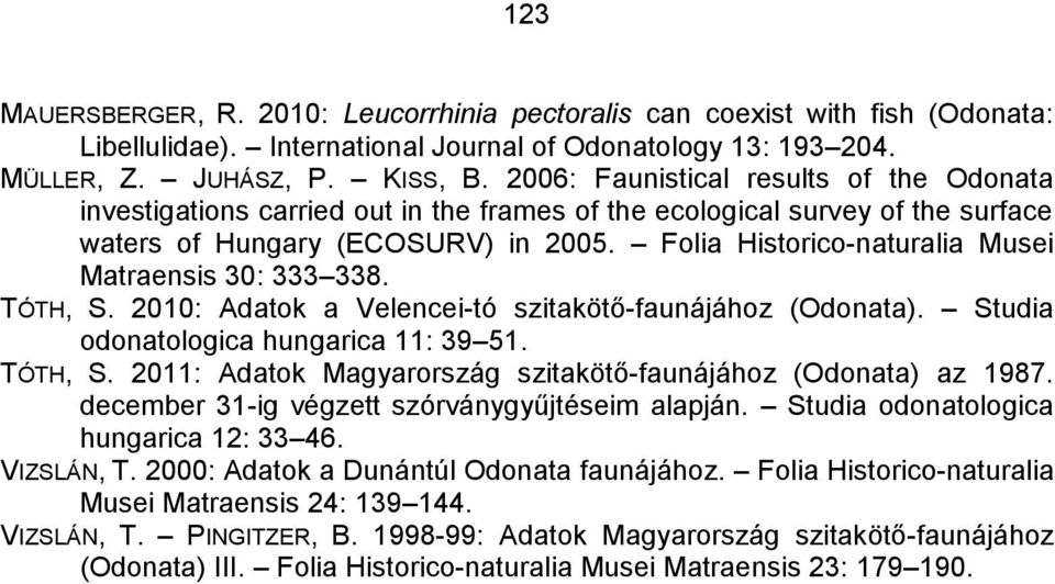 Folia Historico-naturalia Musei Matraensis 30: 333 338. TÓTH, S. 2010: Adatok a Velencei-tó szitakötő-faunájához (Odonata). Studia odonatologica hungarica 11: 39 51. TÓTH, S. 2011: Adatok Magyarország szitakötő-faunájához (Odonata) az 1987.