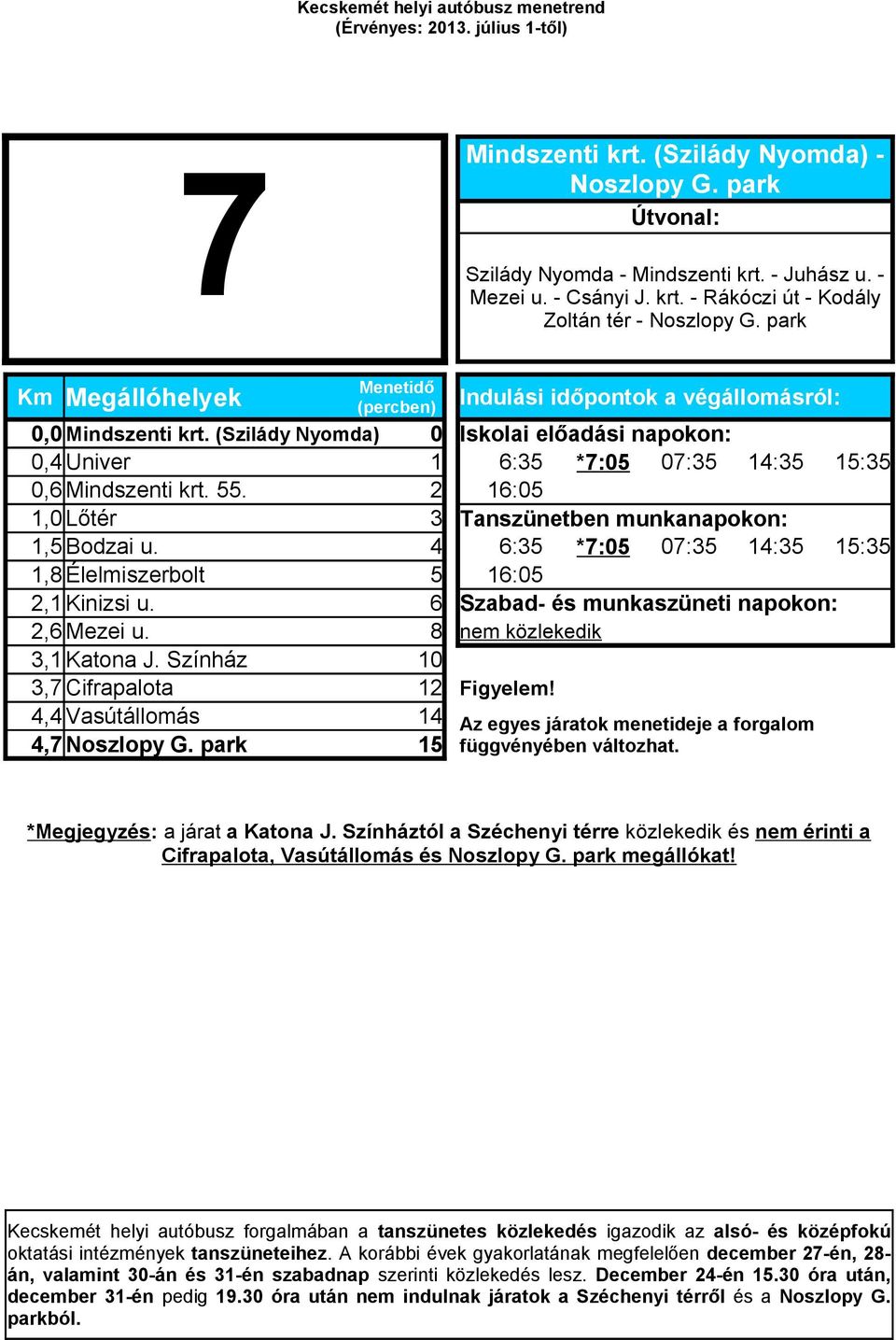 2 16:05 1,0 Lőtér 3 Tanszünetben munkanapokon: 1,5 Bodzai u. 4 6:35 *7:05 07:35 14:35 15:35 1,8 Élelmiszerbolt 5 16:05 2,1 Kinizsi u. 6 Szabad- és munkaszüneti napokon: 2,6 Mezei u.