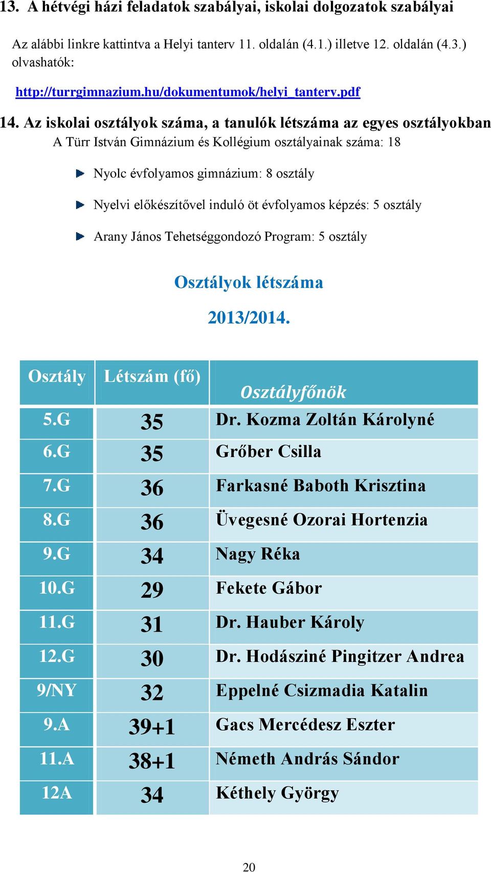 Az iskolai osztályok száma, a tanulók létszáma az egyes osztályokban A Türr István Gimnázium és Kollégium osztályainak száma: 18 Nyolc évfolyamos gimnázium: 8 osztály Nyelvi előkészítővel induló öt