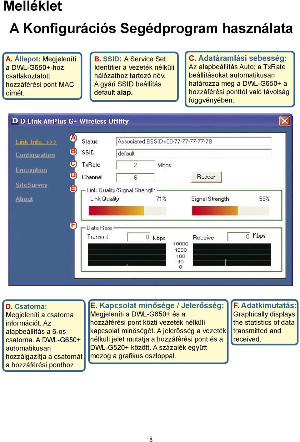 Adatáramlási sebesség: Az alapbeállítás Auto; a TxRate beállításokat automatikusan határozza meg a DWL-G650+ a hozzáférési ponttól való távolság függvényében. A B C D E F D.