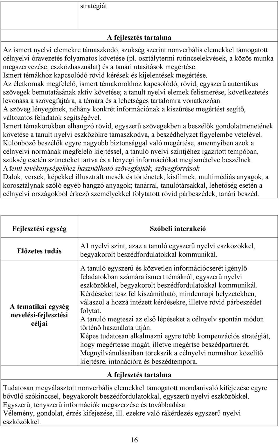 Az életkornak megfelelő, ismert témakörökhöz kapcsolódó, rövid, egyszerű autentikus szövegek bemutatásának aktív követése; a tanult nyelvi elemek felismerése; következtetés levonása a szövegfajtára,