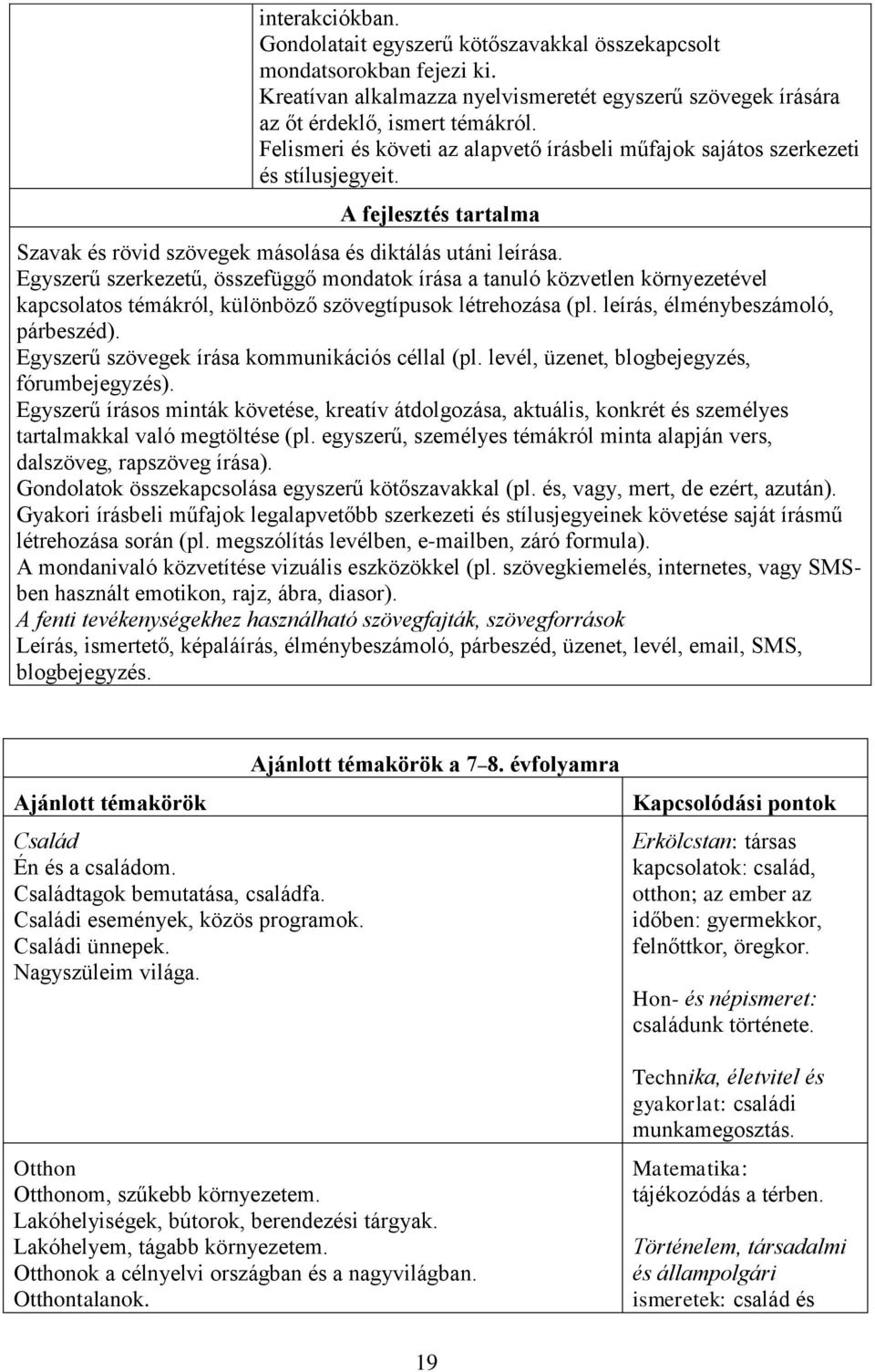 Egyszerű szerkezetű, összefüggő mondatok írása a tanuló közvetlen környezetével kapcsolatos témákról, különböző szövegtípusok létrehozása (pl. leírás, élménybeszámoló, párbeszéd).