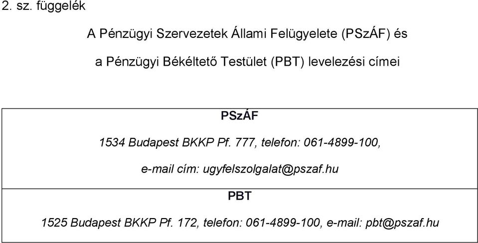 Békéltető Testület (PBT) levelezési címei PSzÁF 1534 Budapest BKKP Pf.