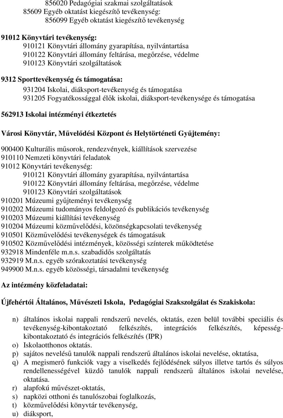 Fogyatékossággal élők iskolai, diáksport-tevékenysége és támogatása 562913 Iskolai intézményi étkeztetés Városi Könyvtár, Művelődési Központ és Helytörténeti Gyűjtemény: 900400 Kulturális műsorok,