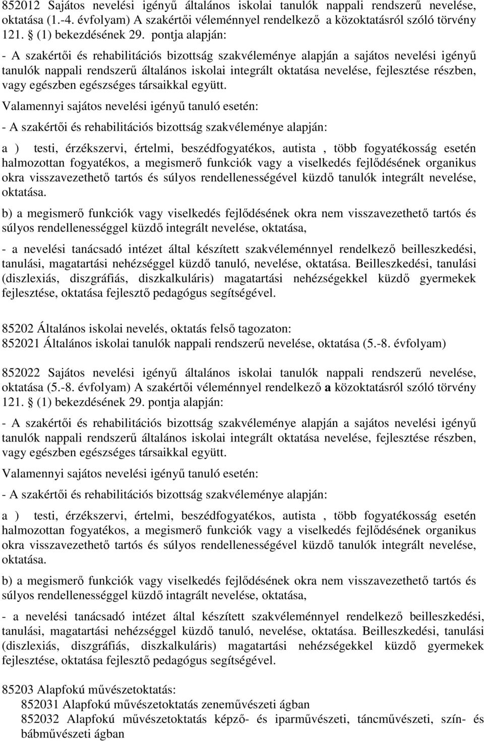 pontja alapján: - A szakértői és rehabilitációs bizottság szakvéleménye alapján a sajátos nevelési igényű tanulók nappali rendszerű általános iskolai integrált oktatása nevelése, fejlesztése részben,