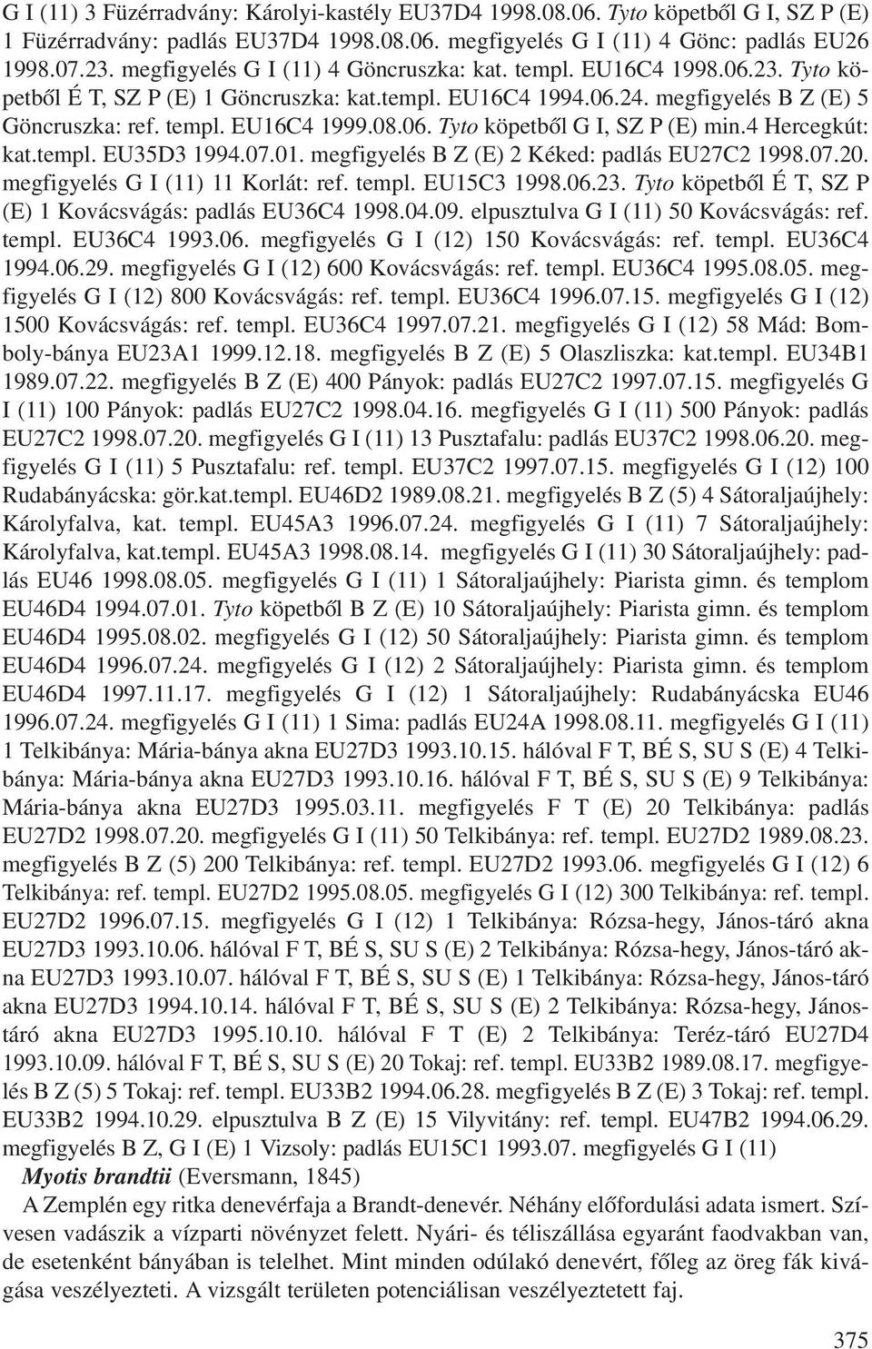 06. Tyto köpetbõl G I, SZ P (E) min.4 Hercegkút: kat.templ. EU35D3 1994.07.01. megfigyelés B Z (E) 2 Kéked: padlás EU27C2 1998.07.20. megfigyelés G I (11) 11 Korlát: ref. templ. EU15C3 1998.06.23.