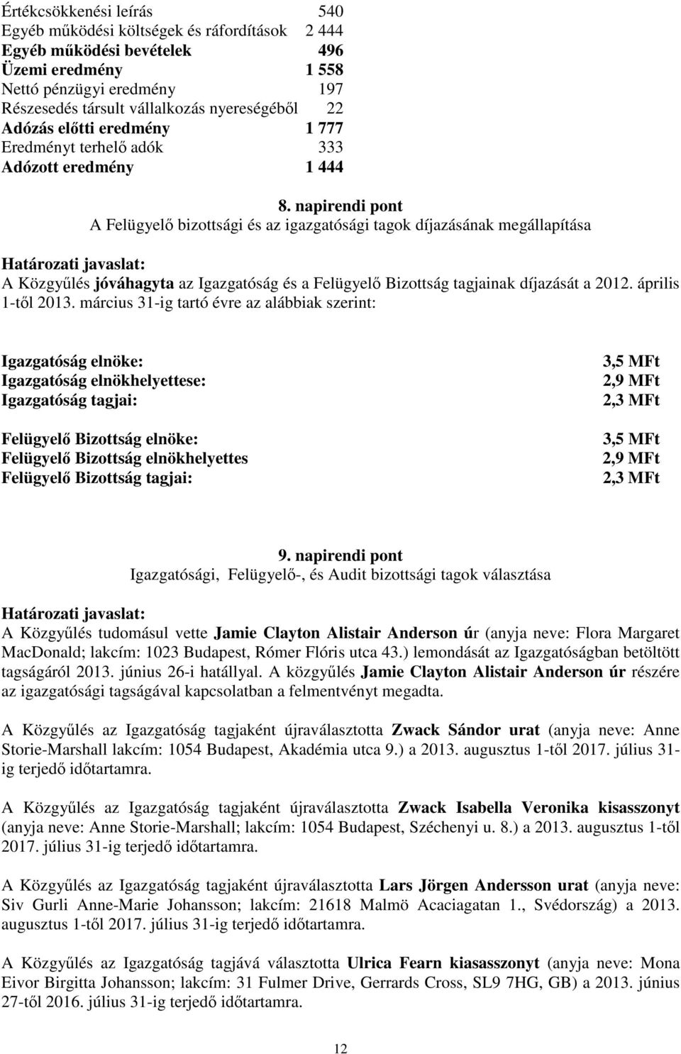 napirendi pont A Felügyel bizottsági és az igazgatósági tagok díjazásának megállapítása Határozati javaslat: A Közgylés jóváhagyta az Igazgatóság és a Felügyel Bizottság tagjainak díjazását a 2012.