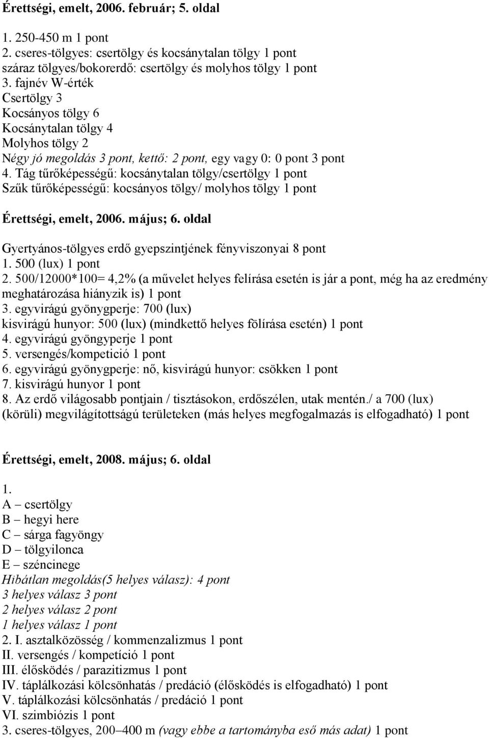 Tág tűrőképességű: kocsánytalan tölgy/csertölgy 1 pont Szűk tűrőképességű: kocsányos tölgy/ molyhos tölgy 1 pont Érettségi, emelt, 2006. május; 6.