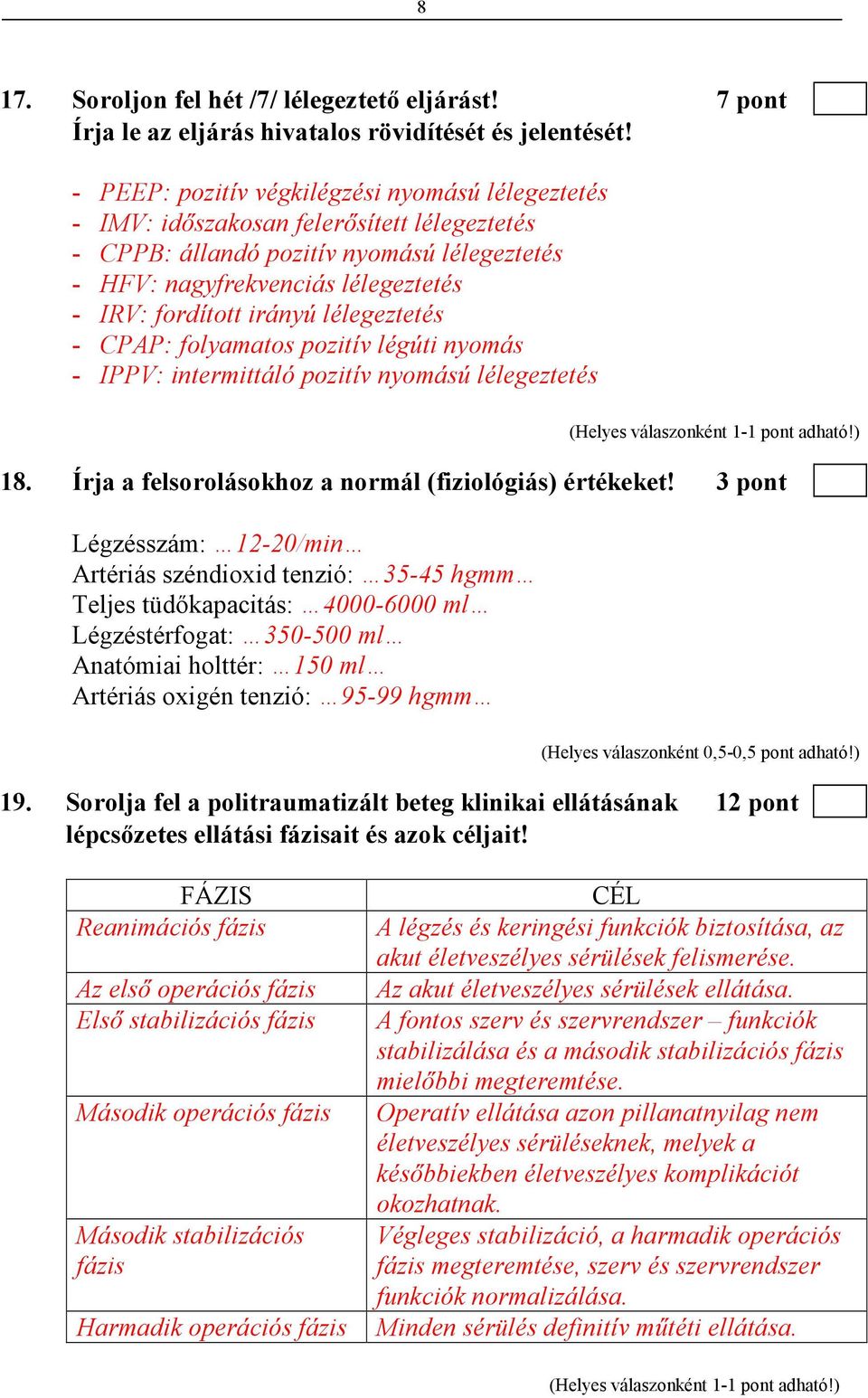 lélegeztetés - CPAP: folyamatos pozitív légúti nyomás - IPPV: intermittáló pozitív nyomású lélegeztetés 18. Írja a felsorolásokhoz a normál (fiziológiás) értékeket!