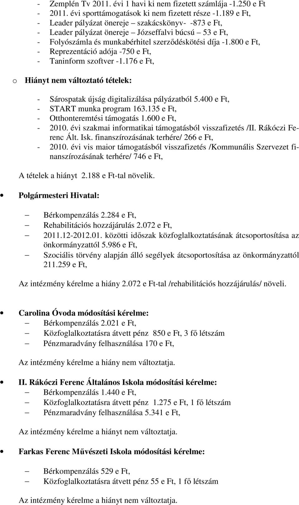 800 e Ft, - Reprezentáció adója -750 e Ft, - Taninform szoftver -1.176 e Ft, o Hiányt nem változtató tételek: - Sárospatak újság digitalizálása pályázatból 5.400 e Ft, - START munka program 163.