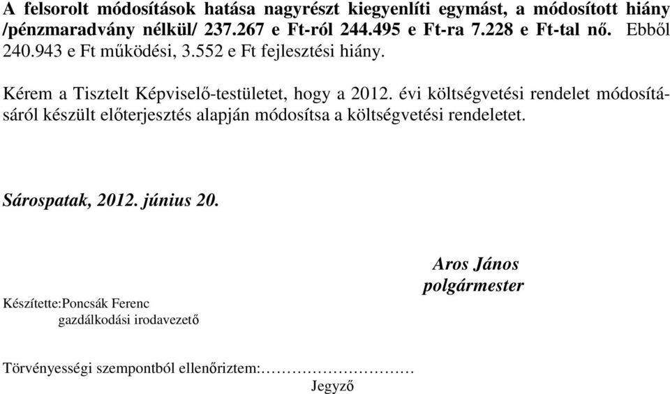 Kérem a Tisztelt Képviselı-testületet, hogy a 2012.