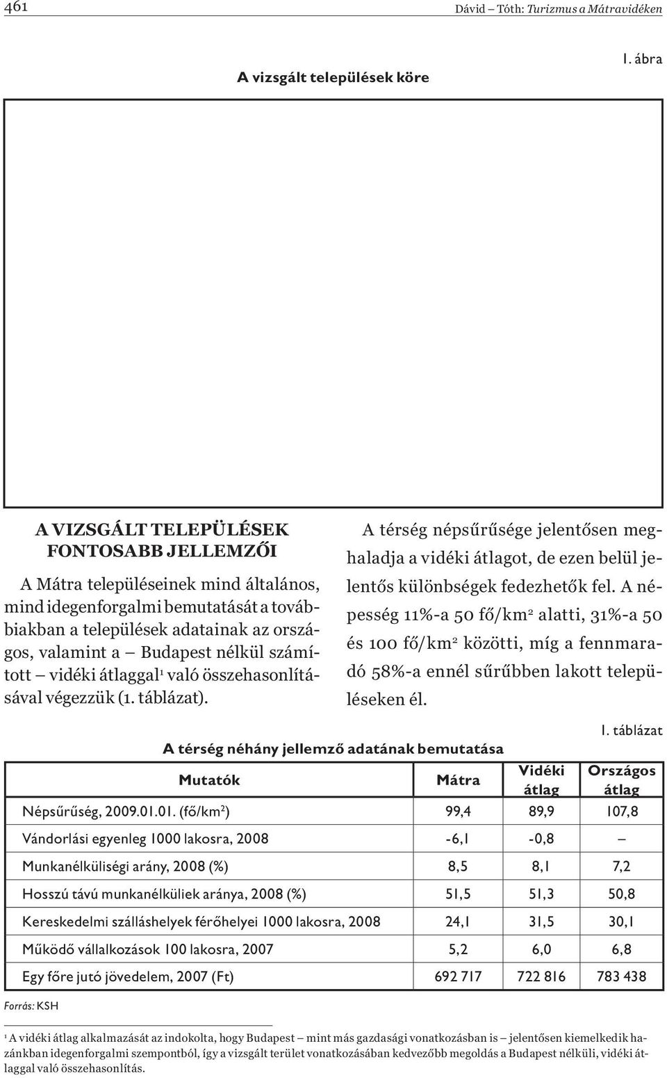 számított vidéki átlaggal 1 való összehasonlításával végezzük (1. táblázat). A térség népsűrűsége jelentősen meghaladja a vidéki átlagot, de ezen belül jelentős különbségek fedezhetők fel.