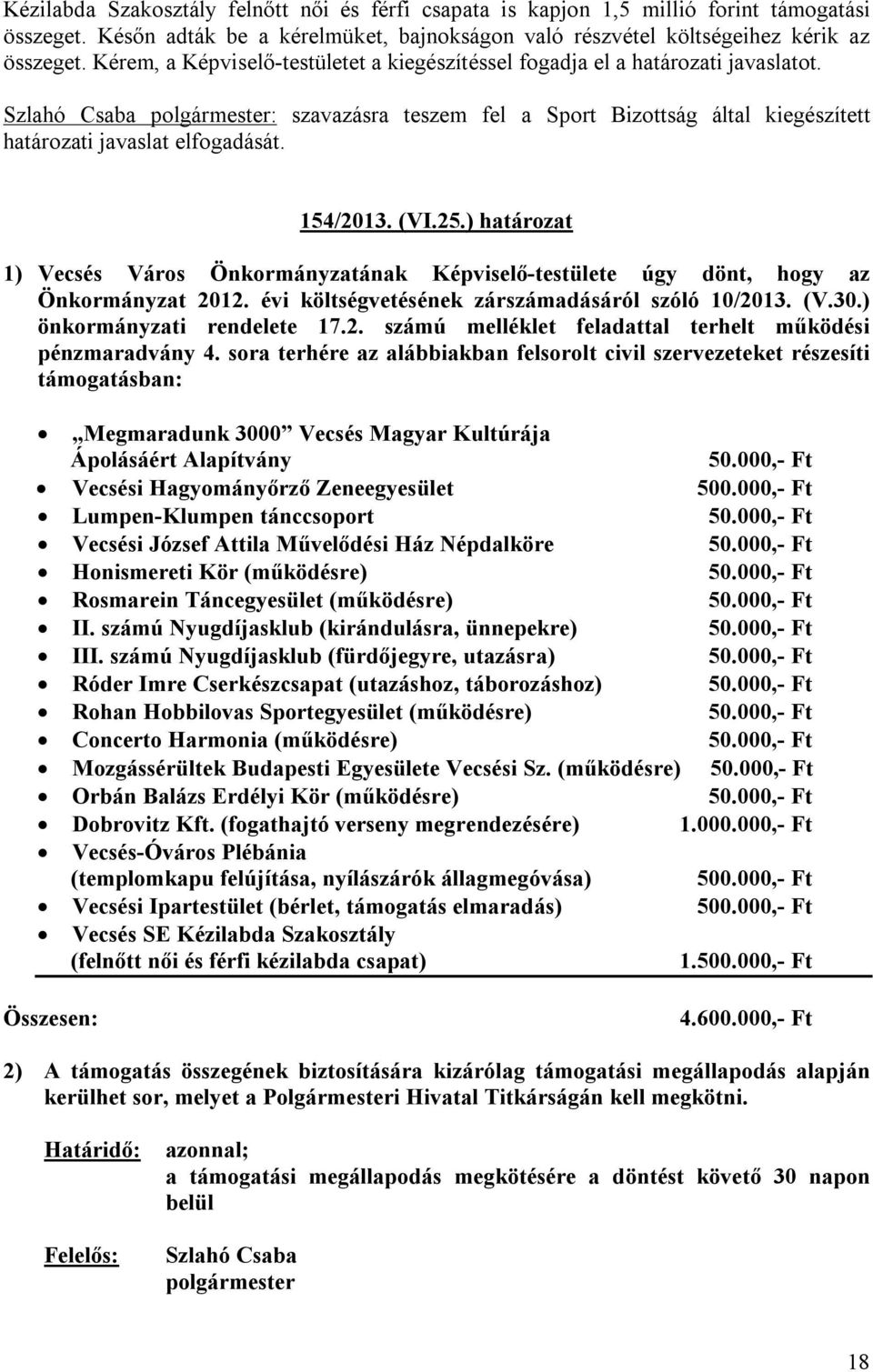 ) határozat 1) Vecsés Város Önkormányzatának Képviselő-testülete úgy dönt, hogy az Önkormányzat 2012. évi költségvetésének zárszámadásáról szóló 10/2013. (V.30.) önkormányzati rendelete 17.2. számú melléklet feladattal terhelt működési pénzmaradvány 4.