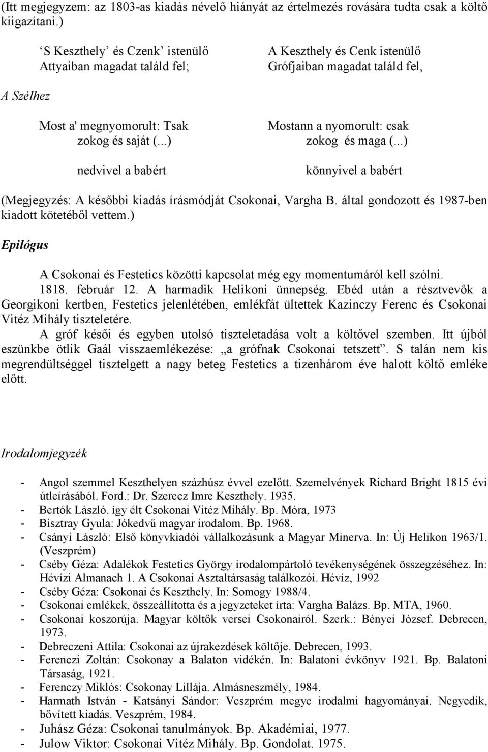 (...) zokog és maga (...) nedvivel a babért könnyivel a babért (Megjegyzés: A késıbbi kiadás írásmódját Csokonai, Vargha B. által gondozott és 1987-ben kiadott kötetébıl vettem.