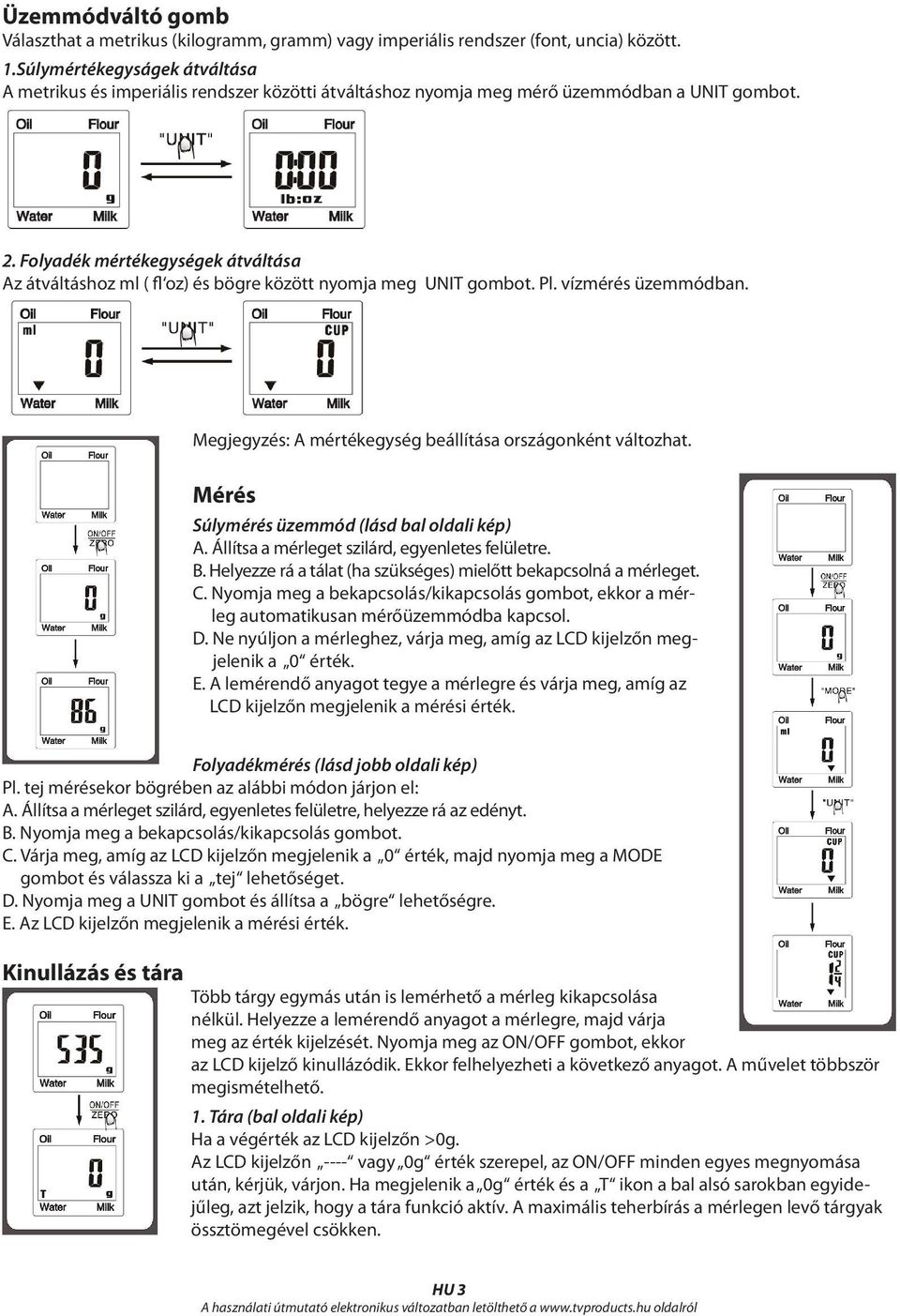 Folyadék mértékegységek átváltása Az átváltáshoz ml ( fl oz) és bögre között nyomja meg UNIT gombot. Pl. vízmérés üzemmódban. Megjegyzés: A mértékegység beállítása országonként változhat.