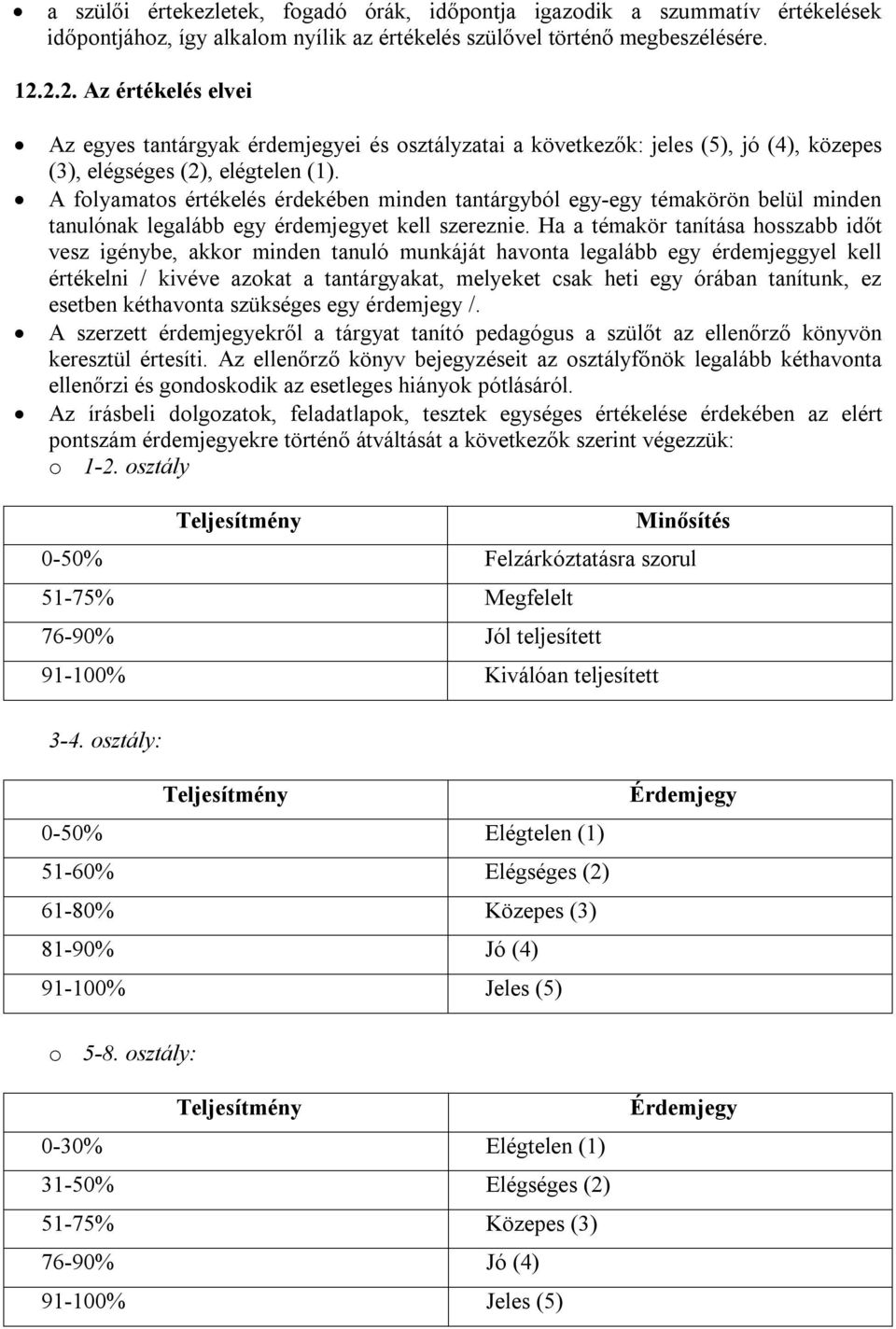A folyamatos értékelés érdekében minden tantárgyból egy-egy témakörön belül minden tanulónak legalább egy érdemjegyet kell szereznie.
