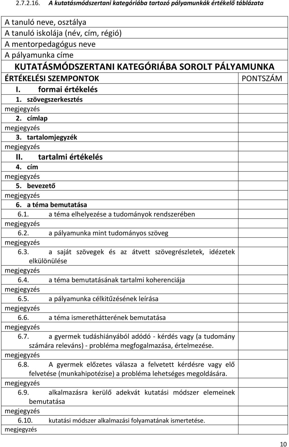 KATEGÓRIÁBA SOROLT PÁLYAMUNKA ÉRTÉKELÉSI SZEMPONTOK PONTSZÁM I. formai értékelés 1. szövegszerkesztés 2. címlap 3. tartalomjegyzék II. tartalmi értékelés 4. cím 5. bevezető 6. a téma bemutatása 6.1. a téma elhelyezése a tudományok rendszerében 6.