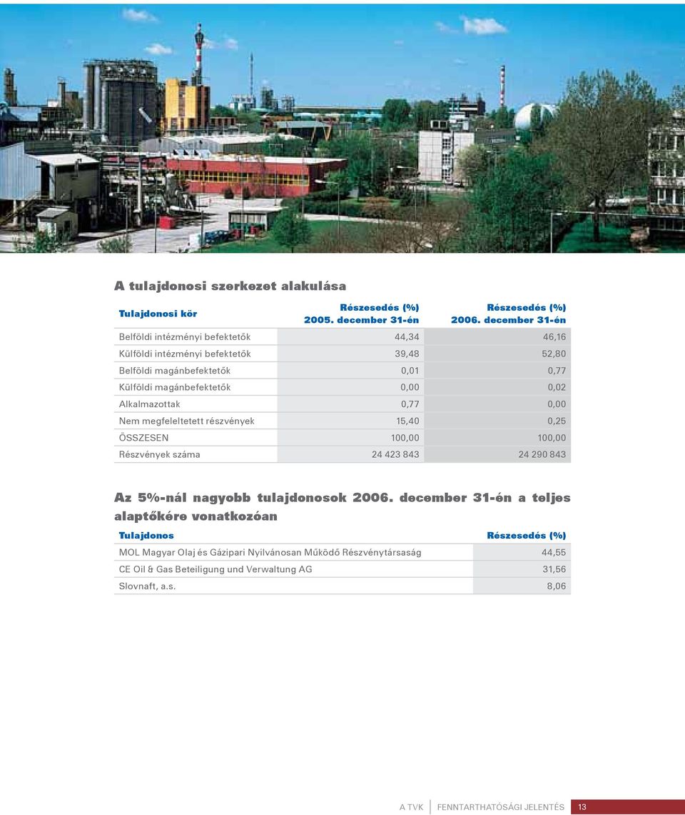 Alkalmazottak 0,77 0,00 Nem megfeleltetett részvények 15,40 0,25 ÖSSZESEN 100,00 100,00 Részvények száma 24 423 843 24 290 843 Az 5%-nál nagyobb tulajdonosok 2006.