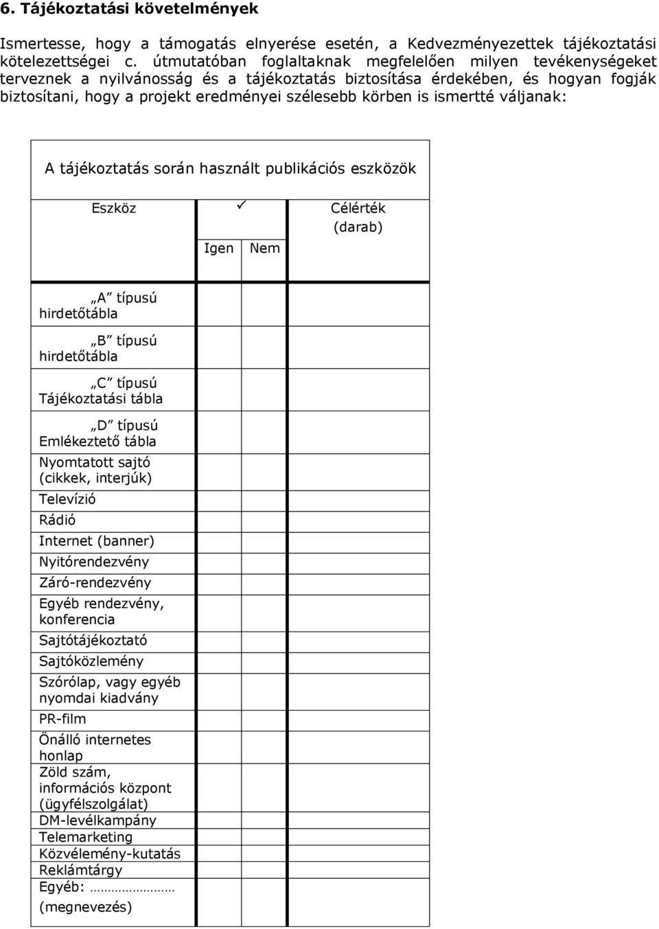 váljanak: A ájékozaás során használ publikációs eszközök Eszköz Igen P Nem Célérék (darab) A ípusú hirdeőábla B ípusú hirdeőábla C ípusú Tájékozaási ábla D ípusú Emlékezeő ábla Nyomao sajó (cikkek,