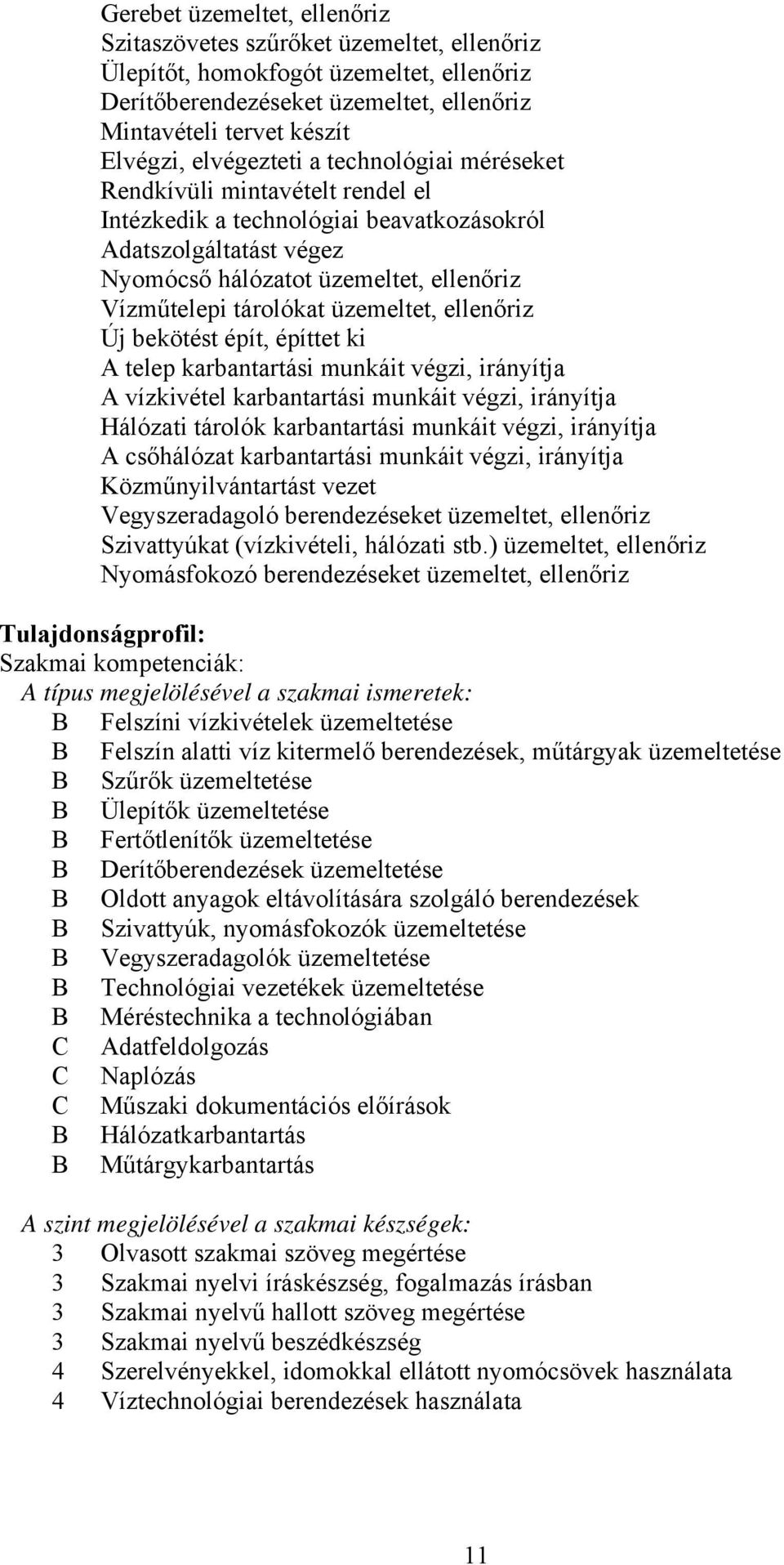 üzemeltet, ellenőriz Új bekötést épít, építtet ki A telep karbantartási munkáit végzi, irányítja A vízkivétel karbantartási munkáit végzi, irányítja Hálózati tárolók karbantartási munkáit végzi,