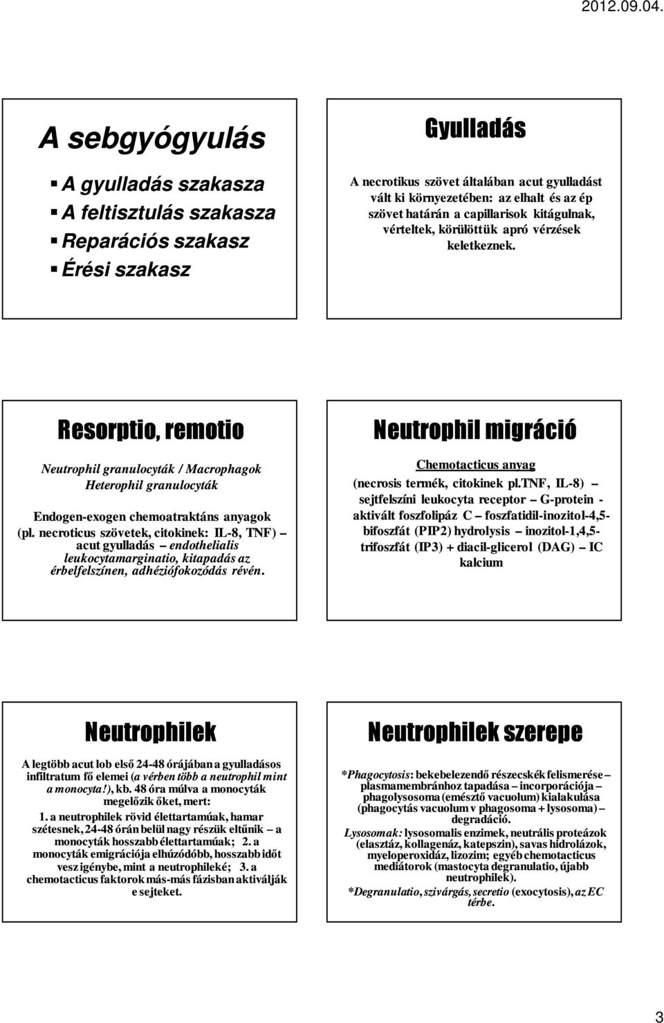 Resorptio, remotio Neutrophil granulocyták / Macrophagok Heterophil granulocyták Endogen-exogen exogen chemoatraktáns anyagok (pl.