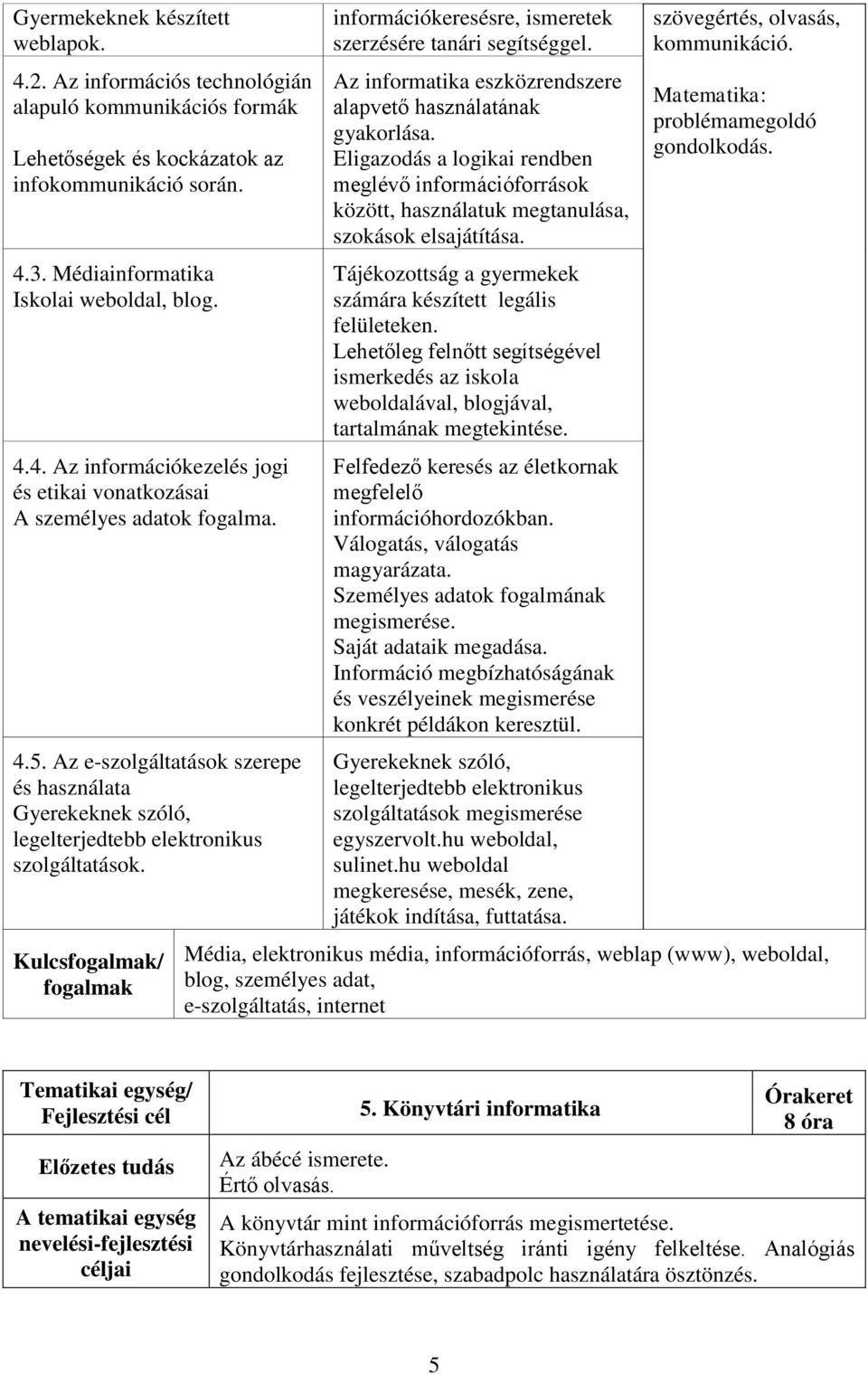 Az informatika eszközrendszere alapvető használatának gyakorlása. Eligazodás a logikai rendben meglévő információforrások között, használatuk megtanulása, szokások elsajátítása.