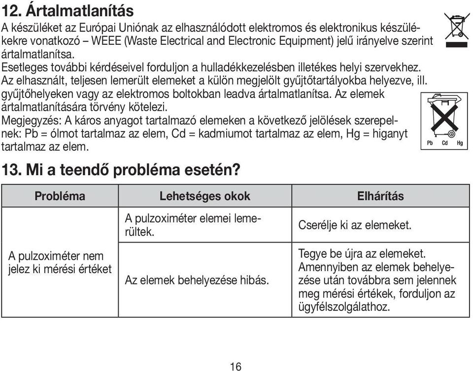 gyűjtőhelyeken vagy az elektromos boltokban leadva ártalmatlanítsa. Az elemek ártalmatlanítására törvény kötelezi.