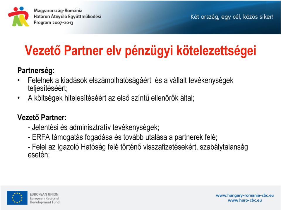 Vezető Partner: - Jelentési és adminisztratív tevékenységek; - ERFA támogatás fogadása és tovább